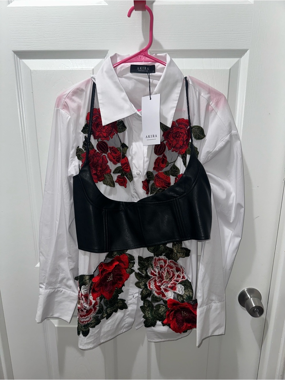 AKIRA White Embroidered Floral Button-Up Shirt with Black Faux Leather Bralette